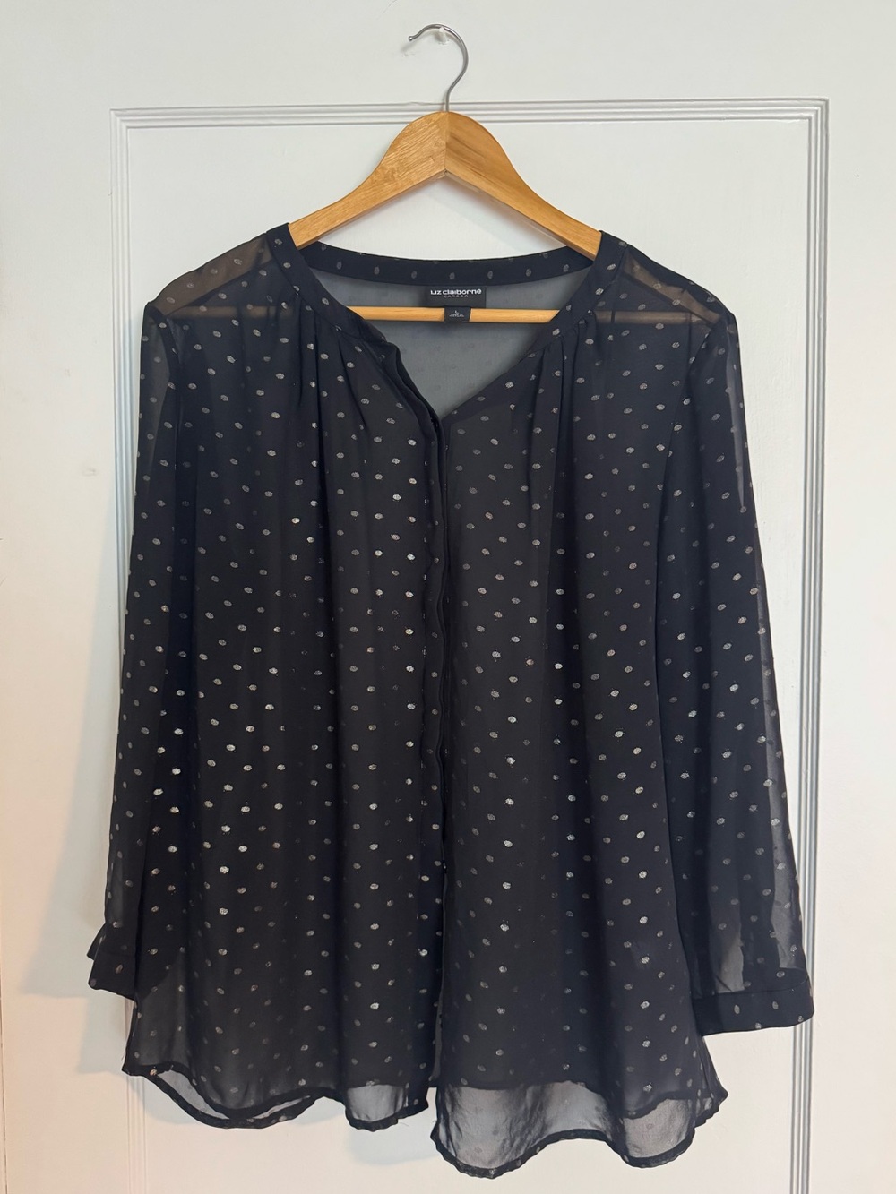 Liz Claiborne Career Black Blouse with Metallic Gold Dots